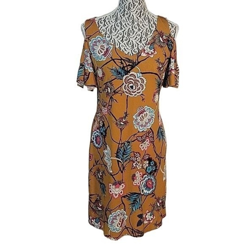 MSK Embroidered Floral Print Cold Shoulder Dress Short Sleeve Casual Boho Chic
